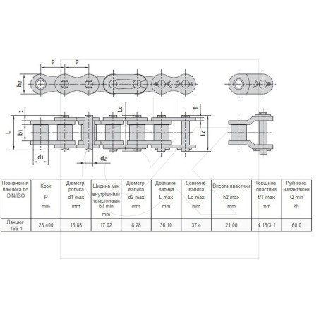 Ланцюг роликовий 1-рядн. 5м. (ISO 16B-1) цільний ролик ПРЕМІУМ ДК