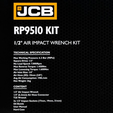 Гайковерт пневматичний 1/2", 1450 NM JCB-RP9510 KIT з комплектом головок (17, 19, 21 мм)