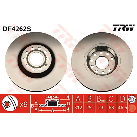 ➤ Диск гальмівний AUDI A4, A6, SKODA SUPERB, VW PASSAT, передн. вент. (вир-во TRW) DF4262S