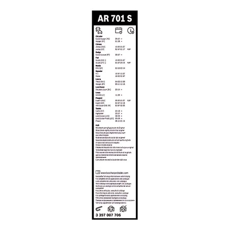 ➤ Щітка склоочис. 650/500 AEROTWIN AR701S (вир-во Bosch) 3397007706