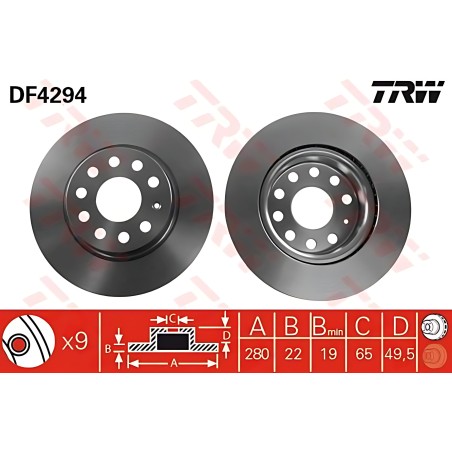 ➤ Диск гальмівний AUDI A3, SEAT TOLEDO, SKODA OCTAVIA, VW CADDY, передн. вент. (вир-во TRW) DF4294