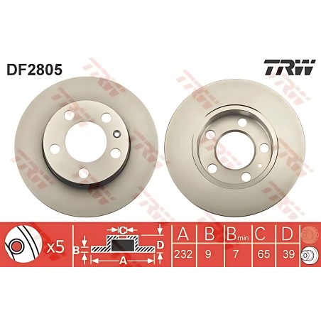 ➤ Диск гальмівний AUDI A3, SEAT TOLEDO, SKODA FABIA, OCTAVIA, VW GOLF задн. (вир-во TRW) DF2805